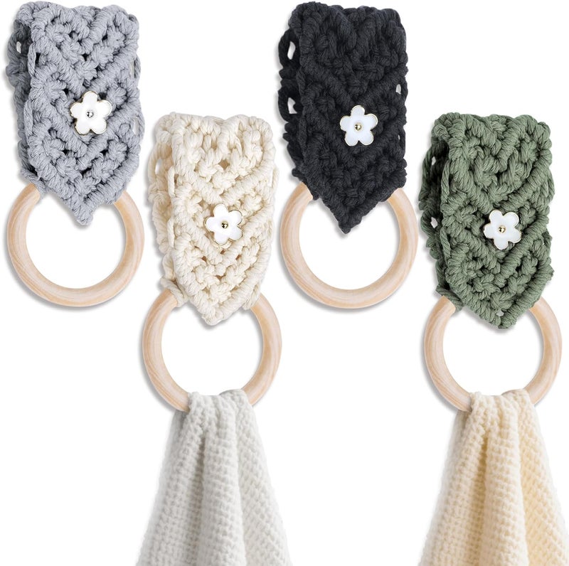BROWNLILY 4 Pcs Handmade Crochet Towel Holder with Unique Flower Button for Bathroom, Hanging Towel Rack for Kitchen, Macrame Towel Hanger Over The Cabinet Oven Stove Door - Single Ring - Image 1